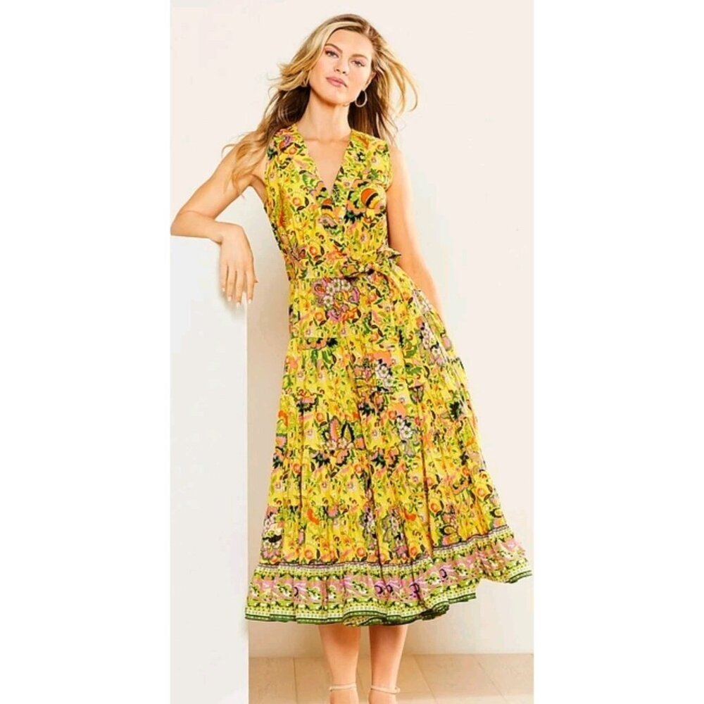 Gibson Latimer Wrap Midi Dress‎ Womens Size Large Yellow Floral Print